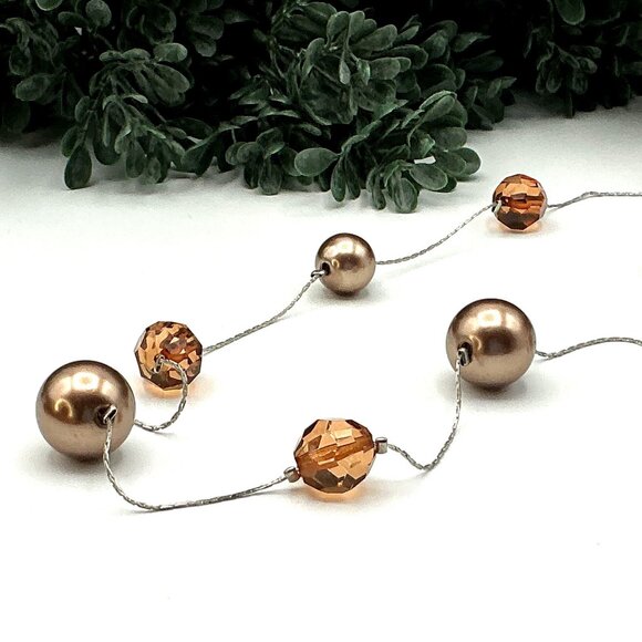 Bronze Tone Resin Pearl And Bead Long Floating Illusion Necklace Silver Chain - Picture 3 of 4